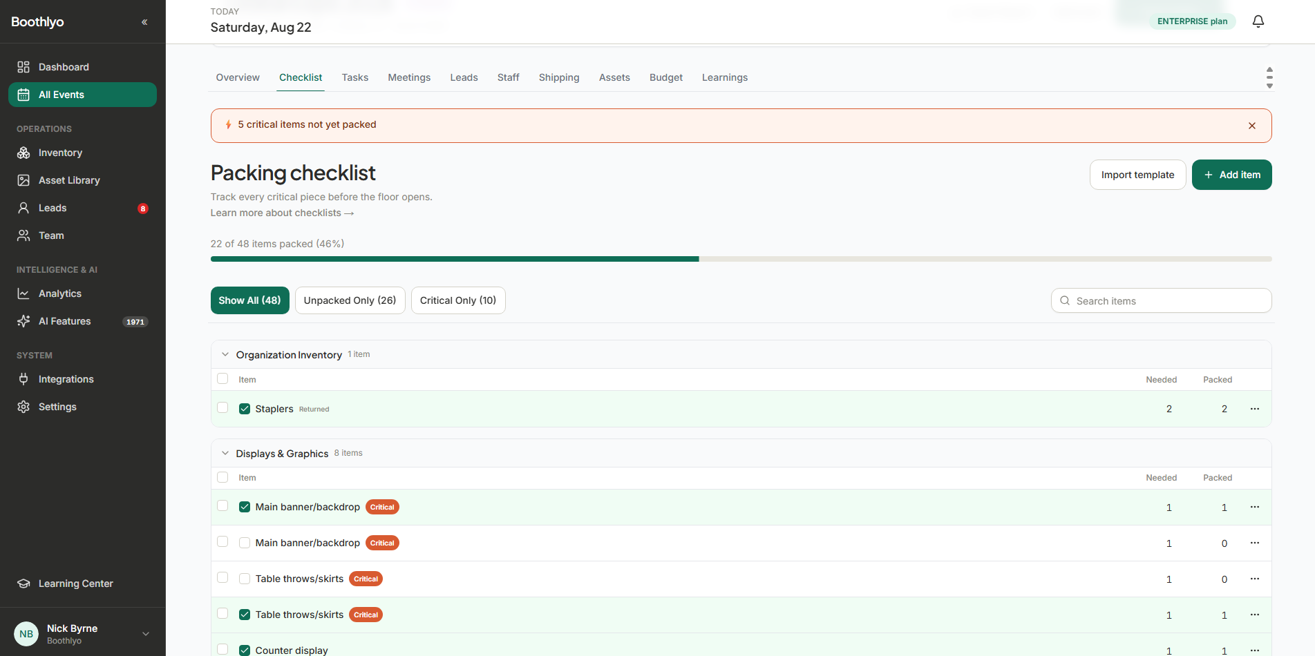 Smart Packing Checklists — Boothlyo trade show management software