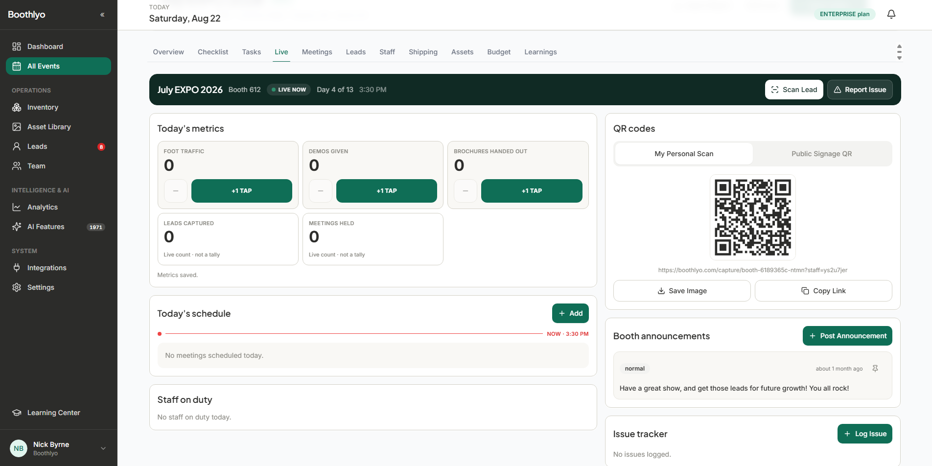 Live Booth Dashboard — Boothlyo trade show management software